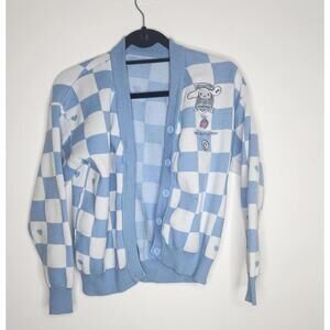 Cinnamoroll Cardigan Sweater Womens S/M Blue White Checkered Hearts Kawaii
